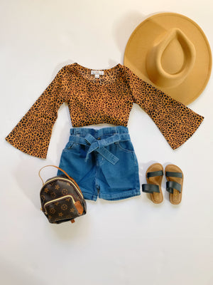 Leopard Bell Sleeve Crop Top